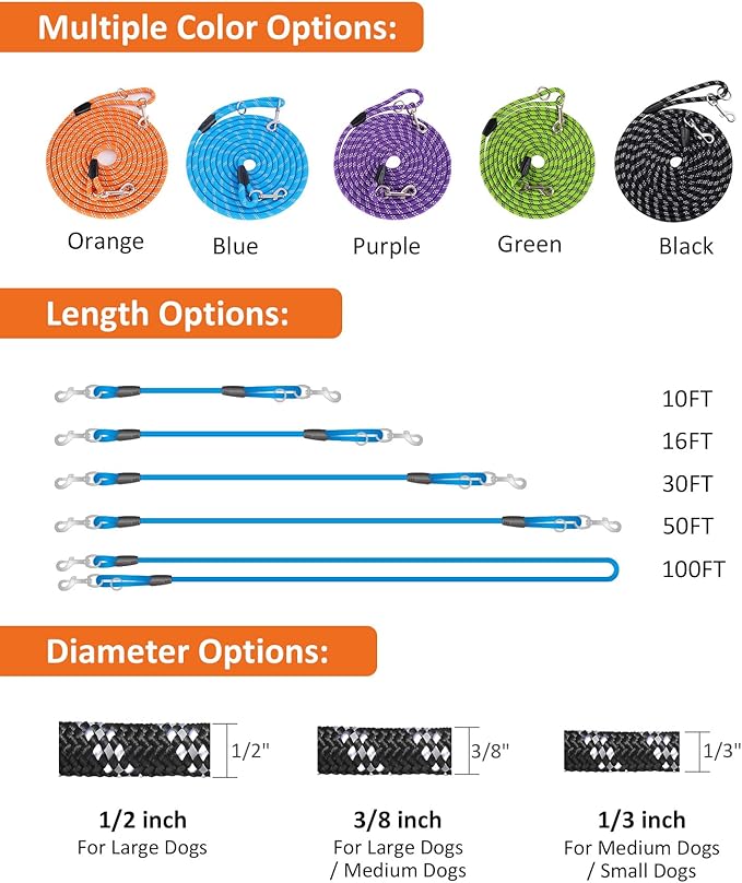 (2 Pack) Long Dog Leash for Dog Training 15FT/30FT/50FT, Dog Rope Leash with Reflective Thread for Large Medium Small Dogs, Dog Tie-Out Cable Lead for Hunting, Camping&Backyard