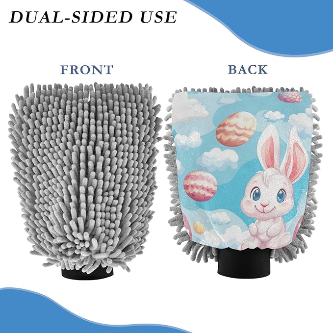 Car Wash Mitt Microfiber Wash Mitts for Car Washing Scratch-Free Cleaning Gloves Soft Non Absorbent Chenille Auto Hand Mitt Medium 2Pack Blue Cartoon Rabbit and Easter Egg