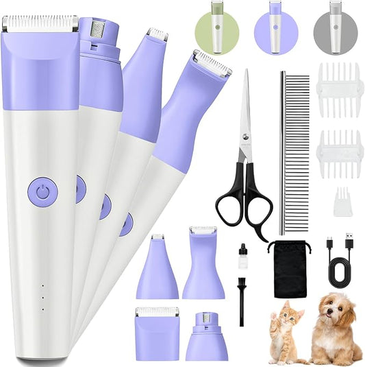 Dog Clippers Grooming Kit, 4 in 1 Quiet Cordless Dog Paw Trimmer & Nail Grinder, Small Cat Clippers Electric Rechargeable Low Noise Pet Shaver for Trimming Hair on Paw Eye Ear Face (Purple) | Quiet Cordless Dog Hair Trimmer for Paw Nail Grinder, Cat Gr...