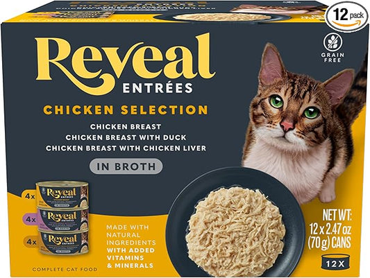 Reveal Entrées Natural Wet Cat Food, Grain-Free with Added Vitamins & Minerals, Carrageenan-Free and High Protein, Chicken Variety Selection in Broth (12 x 2.47 oz cans)