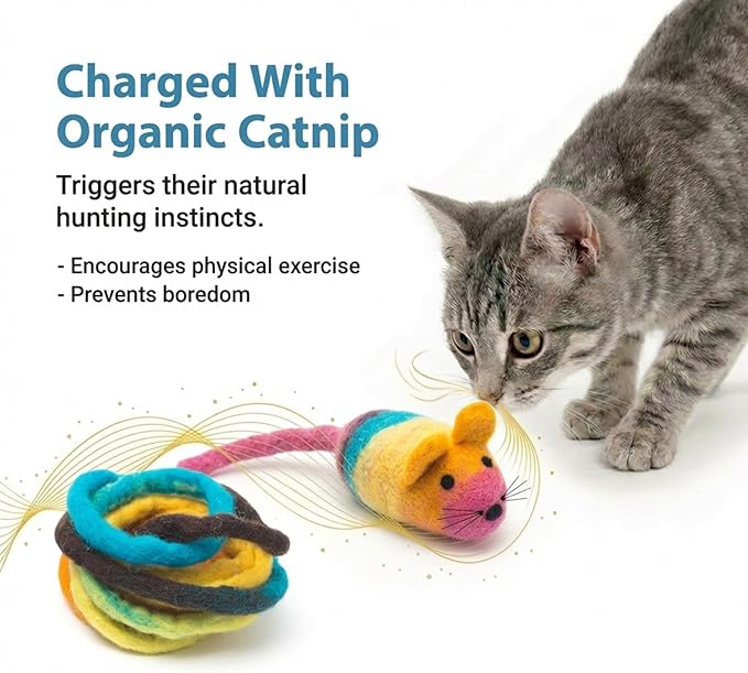 Glaciart One Felt Mouse Cat Toy – Soft Fuzzy Enrichment 100% Natural Wool - Interactive Catnip Play Cat Toy Set - Safe for Pets, Non-AZO Colored Dyes - 100” Long