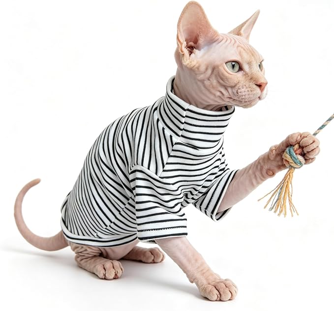 Sphynx Cat Clothes Shirts for Hairless Cat,Classic Striped Kitten Apparel Clothes for Cats Only,Soft Sphinx T-Shirts Sweatshirt with Sleeves for Cornish Rex, Devon Rex,Black,M
