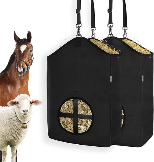 Hay Bags,Slow Feed Hay Bags for Horses,Goats,Donkeys with Reinforced Oxford Fabric and High Strength Metal Clasp,Horse Feeding Supplies with Strap for Easy Hanging (2 Black)