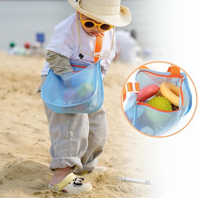 4 PCS Beach Mesh Shovel with Mesh Beach Bag for Shells Collecting and Filter Sand, Large Stainless Steel Sand Scooper for Picking Up Fossils, Big Shark Tooth Sifter Dipper Sand Toy for Kids and Adults