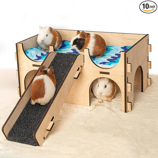 SoulThink® Upgraded Large Guinea Pig Toys Hideout - Easy to Assemble Wooden Guinea Pigs Castle with Ramp and Sky Blue Bed Cushion Decorative Guinea Pig Furniture for Play Area and Cage