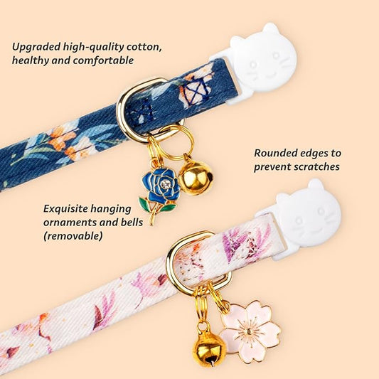 2 Pack Cotton Breakaway Cat Collar White and Blue Flowers Pendant Cute Kitten Cat Collar with Bell