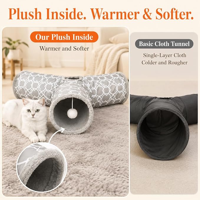 Geometric 3 Way Cat Tunnel with Plush Inside,Cats Toys Collapsible Tunnel Tube with Balls, for Rabbits, Kittens, Ferrets,Puppy and Dogs