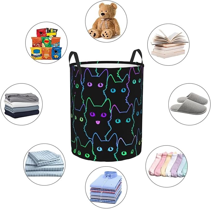 Funny Black Cats Round Laundry Hamper Cute Cat Silhouettes Storage Basket Toys Clothes Organizer Bin For Home Bathroom Bedroom Dorm Nursery, 38l