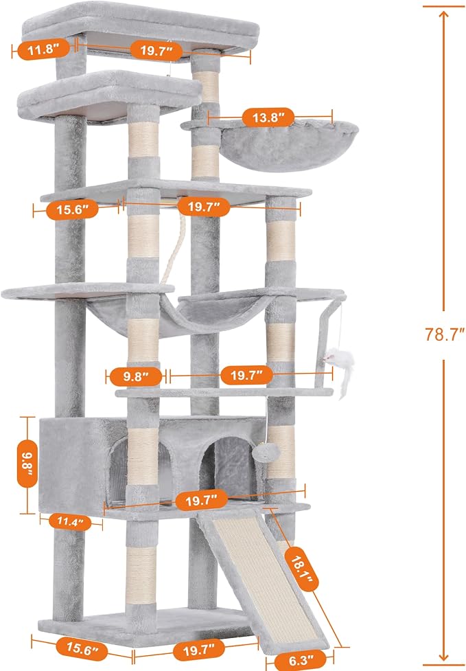 Heybly Tall Cat Tree, 78-inch Multi-Level Cat Tower for Indoor Cats, 2 Widened Plush Perches Cat Condo with Scratching Board and Big Caves, Light Gray HCT033W