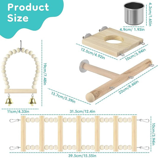 DBNESS Bird Perch Toys, Wooden Ladder Perch for Cage, Parrot Platform Stand Colourful Swing Hammock Climbing Bridge Exercise Cage Accessories for Budgies Cockatiels Lovebirds Hamster (5 in 1)