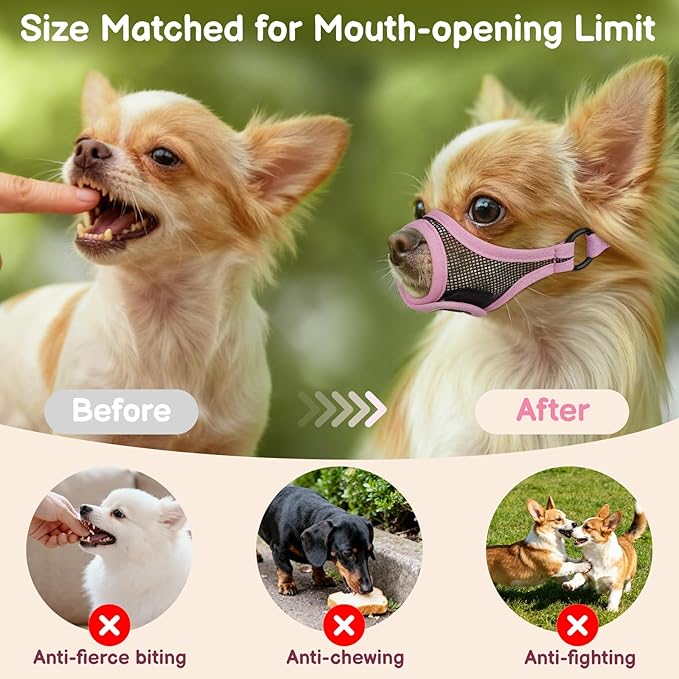 Mayerzon Mesh Dog Muzzle, Adjustable Muzzle for Small Medium Dogs, Prevent Fierce Barking Biting Eating, Ideal for Grooming Vet Visits Walking, Allow Panting & Drinking, Soft & Breathable (Pink, XS/S)