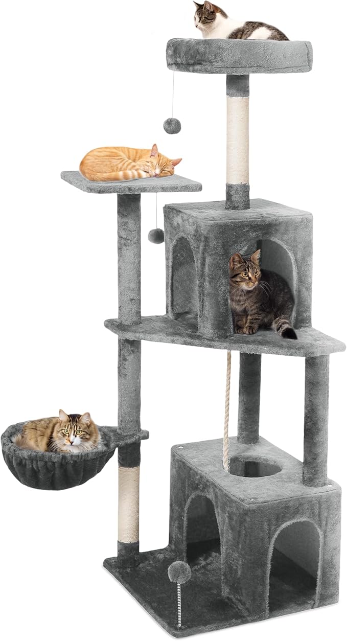 54-Inch Cat Tree Tower with 2 Caves & 2 Pompoms - Multi-Level Tower for Indoor Cats, Soft Plush Condo with Scratching Posts - Sturdy Base for Large Cats(Gray)