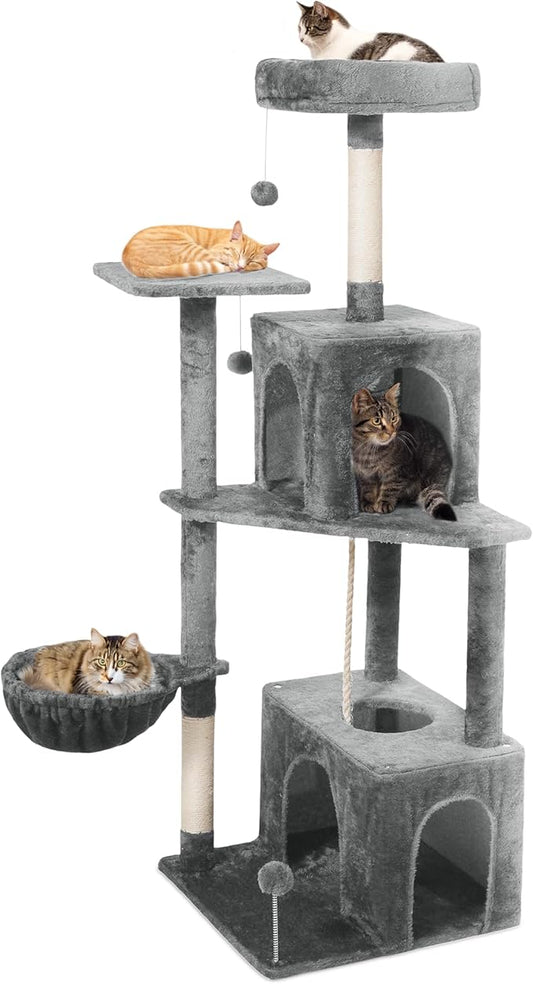 54-Inch Cat Tree Tower with 2 Caves & 2 Pompoms - Multi-Level Tower for Indoor Cats, Soft Plush Condo with Scratching Posts - Sturdy Base for Large Cats(Gray)