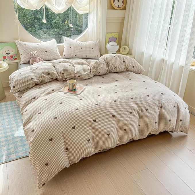 BlueBlue Heart Duvet Cover Set Queen 100% Cotton Soft Lightweight Gauze Bedding Brown Hearts Love on Plaid 1 Abstract Geometric Full Comforter Cover 2 Pillow Shams, Queen