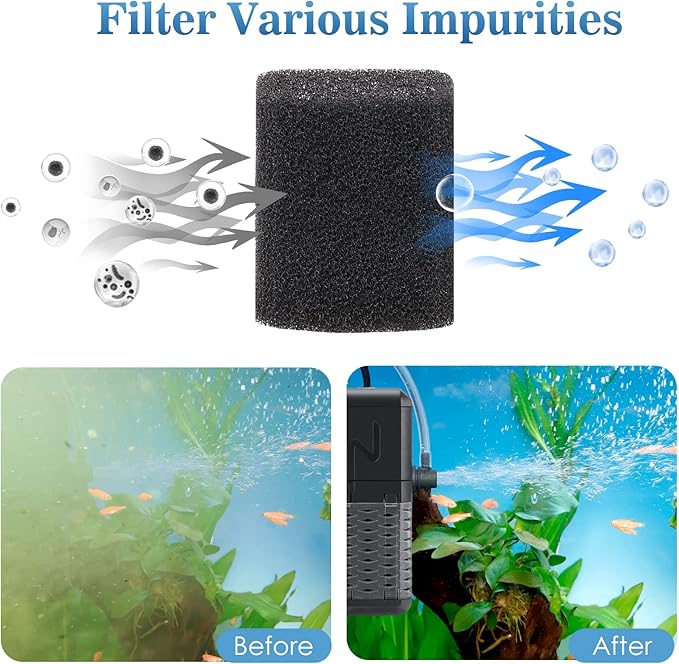 AQQA Aquarium Filter, Submersible Power Fish Tank Filter with Rainwater Aerator System Adjustable Water Flow Design, Ultra Silent Biochemical Sponge Filtration Up to Fish Tank 50 Gallon (6W-158GPH)