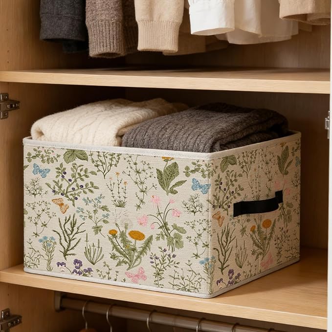 Rustic Vintage Butterfly Floral Storage Bins, Cottagecore Botanical Wildflower Foldable Closet Organizers Storage Basket Toybox for Clothes Bed Sheets Blankets Toys