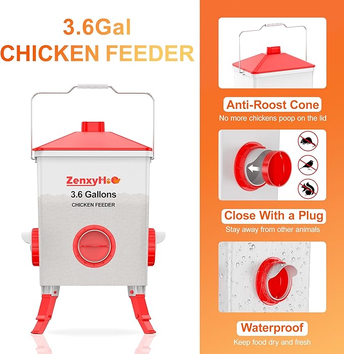 ZenxyHoC 2 * 3.6 Gal Chicken Feeder with Anti-Roost Cone, 3 Height Adjustable Locking Legs and 8 No-Waste Ports for Backyard Flock