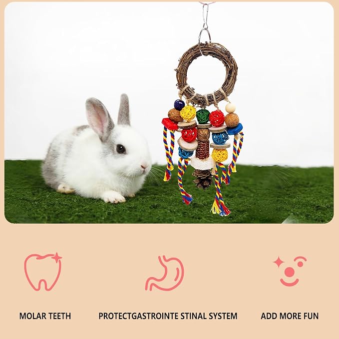 Bunny Chew Treat Toy for Teeth, Rabbit Cage Hanging Chew Toys and Rattan Ring with Snack,Natural Material Handwoven Chinchilla Treats Toys for Guinea Pig Gerbils Hamster Rat Teeth Grinding