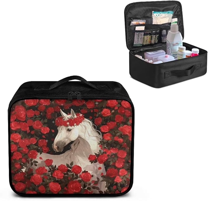 Rnyleeg First Aid Kit Empty Red Rose Horse Emergency Medical Kit with Zipper Large Capacity Medical Bag for Home, Travel, Outdoor, Boat, Camping, Hiking