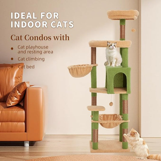 67-Inch Cat Tree with Bed, Hammock, Observation Deck, Plush Platform & Toy Ball for Indoor Cats (Green + Yellow)
