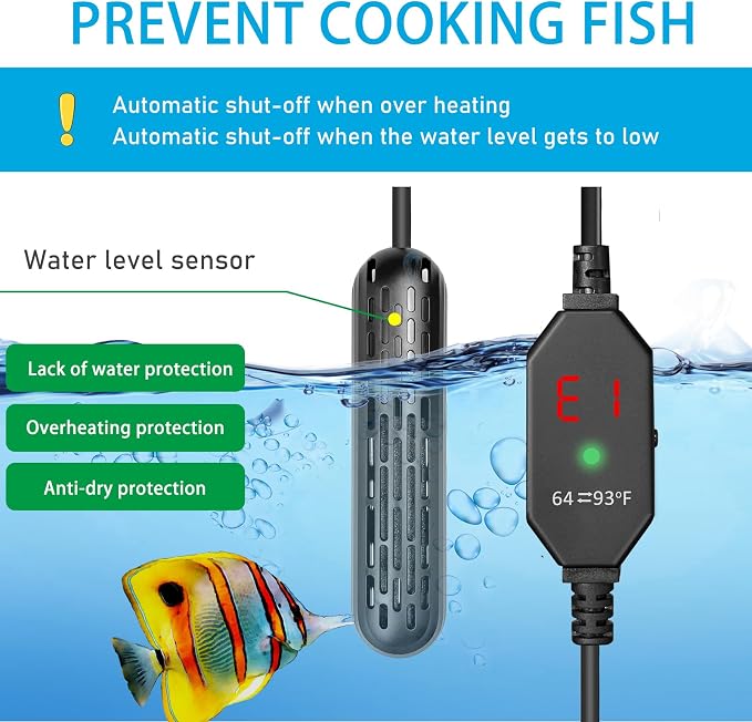 YukiHalu Aquarium Heater 25/50/100/150W with Protective Cover, Mini Fish Tank Heater with External Controller, Temperature Adjustable, Digital Display, Used for 5/10/20/30 Gallons (150W-30Gallon)