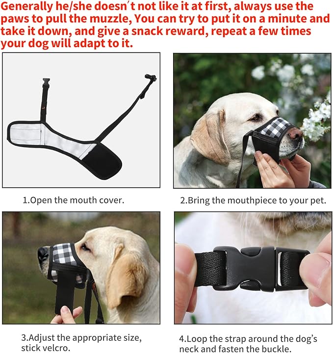 HEELE Dog Muzzle,Soft Nylon Muzzle Anti Biting Barking Chewing,Air Mesh Breathable Drinkable Adjustable Loop Pets Muzzle for Small Medium Large Dogs 4 Colors 4 Sizes (P-Black White Plaid, L)