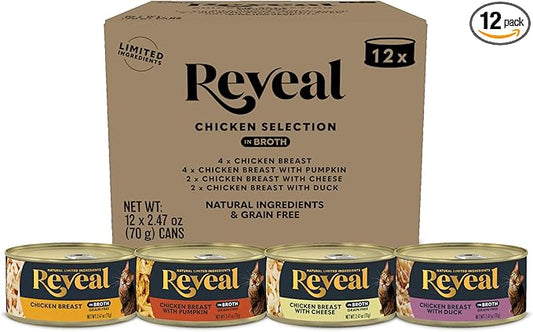Reveal Natural Wet Canned Cat Food, 4-Flavor Variety Pack, Limited Ingredient, Grain Free, High Protein with No Artificial Additives, Chicken Variety in Broth (12 x 2.47 oz Cans)
