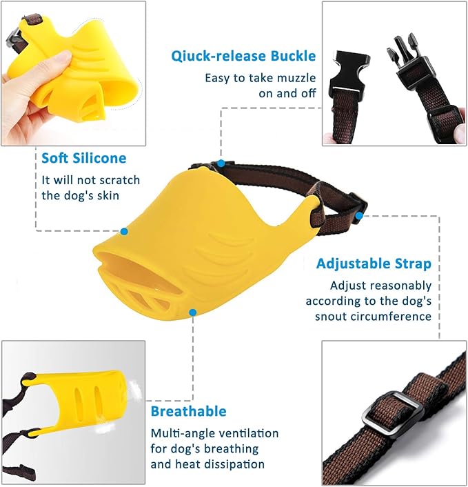 LUCKYPAW Dog Muzzle, Soft Duck Silicone Mouth Cover with Adjustable Strap for Small Medium Dogs, Best to Prevent Barking, Biting, and Chewing(Yellow,XL)