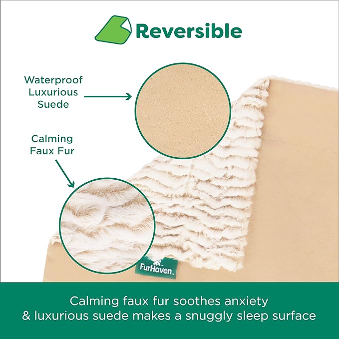 FurHaven Waterproof Dog Blanket – Birch Faux Fur & Suede Calming Throw for Pets, Washable – Taupe, XL
