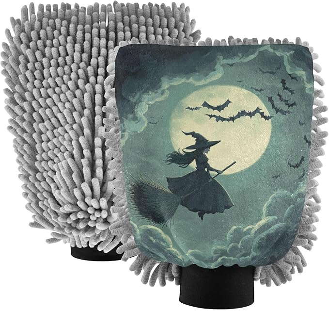 Car Wash Mitt Microfiber Wash Mitts for Car Washing Scratch-Free Cleaning Gloves Soft Non Absorbent Chenille Auto Hand Mitt Medium 2Pack Halloween Witch Bats and Moonlight