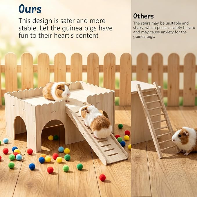 1 Set Large Guinea Pig Hideout, Detachable Wooden Guinea Pig Castle with Stairs, Easy Assembly Guinea Pig House for Small Animals Perfect Guinea Pig Cage Accessories Small Animals