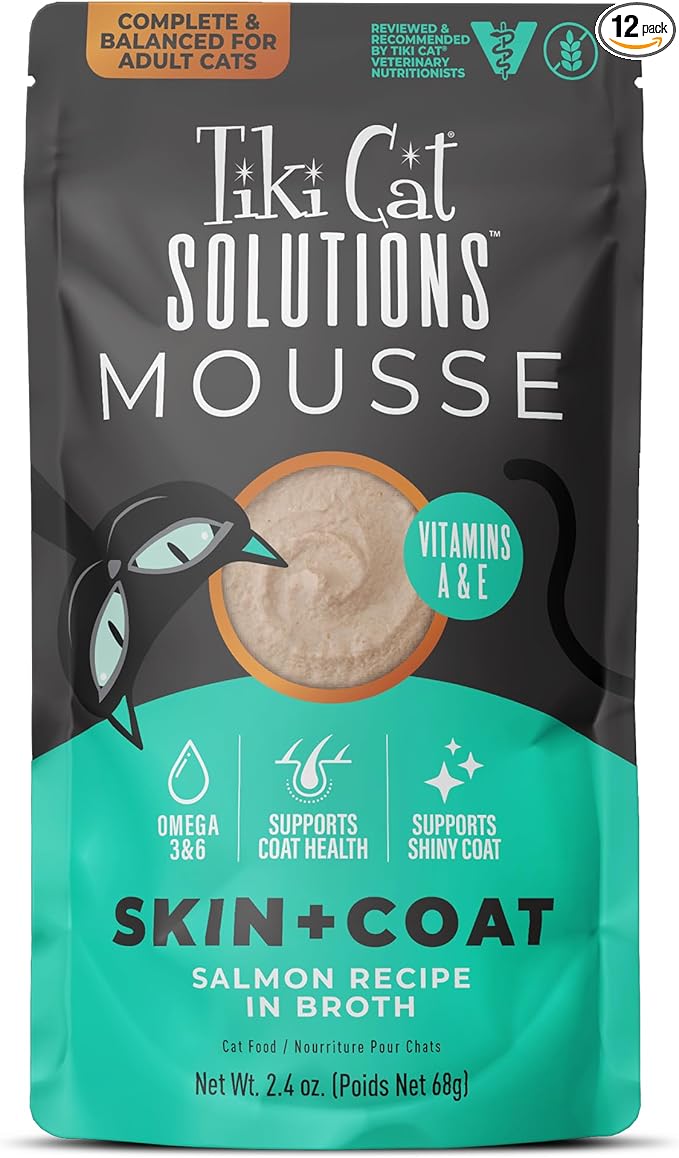 Tiki Cat Solutions Mousse Skin & Coat Mousse, Salmon Recipe, Specially Formulated with Omega Fatty Acids, Functional Wet Cat Food for Adult Cats, 2.4 oz. Pouch (12 Count)
