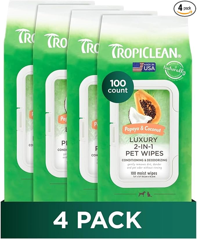 TropiClean Papaya & Coconut Dog Wipes for Paws and Bottom | Deep Cleaning Dog Grooming Wipes | Safe for The Face | Cat Friendly | 400 Count