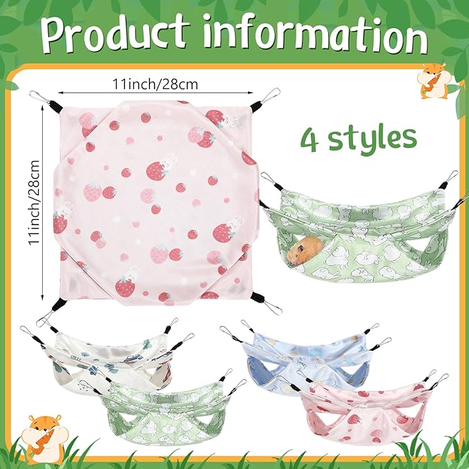 Nuogo 4 Pcs Rat Hammock for Cage Small Animal Hanging Ferret Hammocks for Rat Accessories Double Layer Ferret Bed for Guinea Pig Squirrel Chinchilla Playing and Sleeping (Summer)