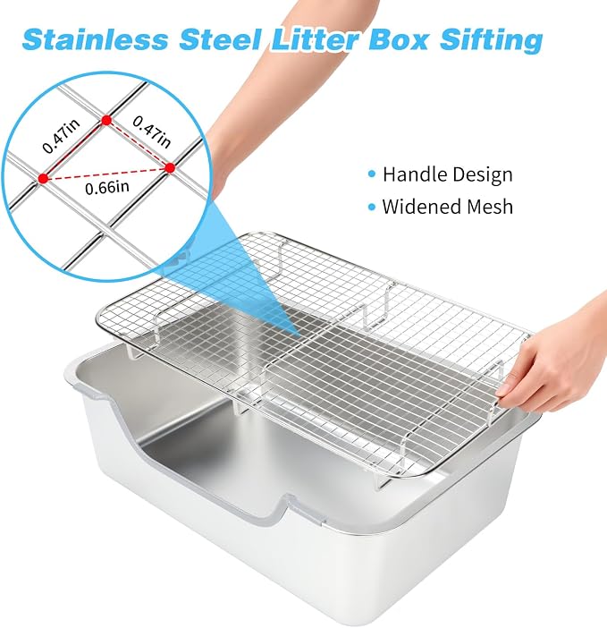 YUEPET 4-in-1 Large Rabbit Litter Box, Non-Slip Stainless Steel Litter Boxes with Sifting Grid & Hay Feeder Food Bowl, Easy Cleaning Bunny Litter Box with Odor Control for Rabbits Small Pets（L）