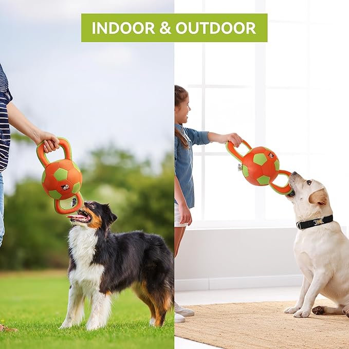 ALL FOR PAWS Dog Ball with Handles, Dog Toy with Squeaker, Interactive Tug of War Ball Toy for Medium and Large Dogs, Outdoor Ball Toys for Fetch & Tug Play, 15.7 x 7.9 x 7.9 Inch
