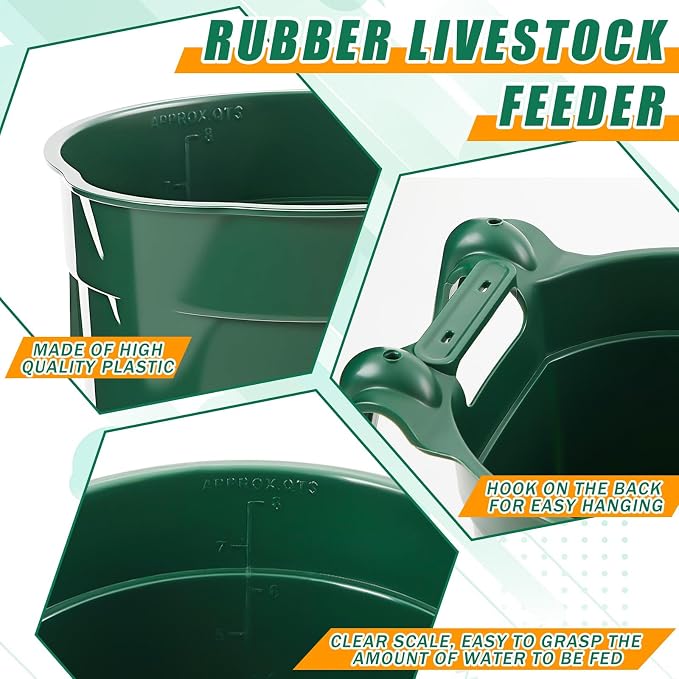 Reallnaive 4 Pcs 8.5 Quart Hook Over Horse Feed Bucket, Hanging Plastic Livestock Animals Feed Bucket for Stall, Mountable Round Horse Goats Feeder for Feeding and Watering Supplies