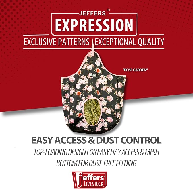 Jeffers Expression Top Loading Hay Bag for Horses & Livestock – Durable 600 Denier Hanging Hay Feeder, Water Resistant with Mesh Bottom, Easy Hanging Snap for Stall, Trailer, Travel - Rose Garden