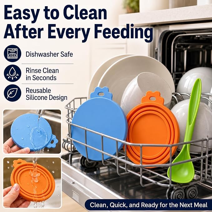 Lydia’s Deal Pet Food Can Covers 2-Pack, Thick Silicone Universal Can Lids for Dog & Cat Food, Fits 3oz/5.5oz/12oz, Airtight Seal, Durable & Dishwasher Safe, Easy Grip with Spoon (Blue & Orange)