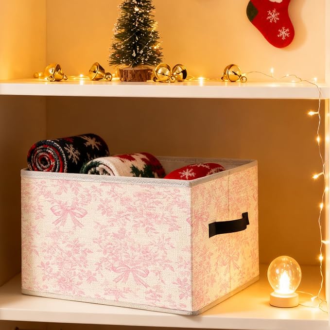 Pink Coquette Bow Floral Storage Bins, French Country Rustic Pink Flower Foldable Closet Organizers Storage Basket Toybox for Girls Room Clothes Bed Sheets Blankets Toys