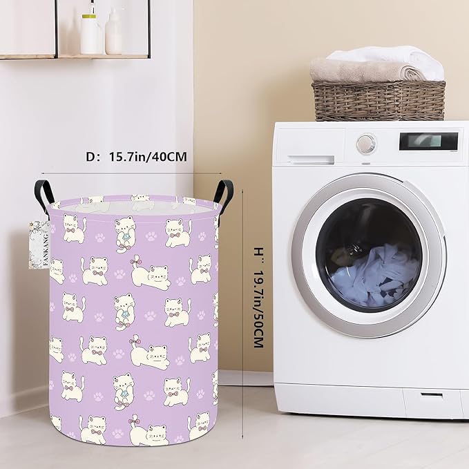 Storage Basket, Nursery Hamper Canvas Laundry Basket Foldable with Waterproof PE Coating Large Storage Baskets for Kids Boys and Girls, Office, Bedroom, Clothes,Toys(Cat)