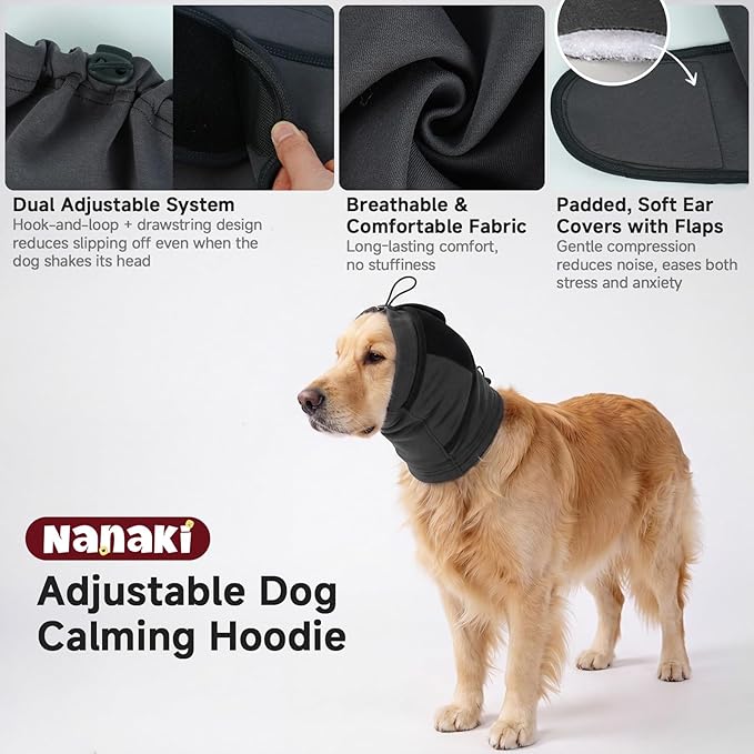 Nanaki Dog Calming Hoodie & Ear Cover, Large July 4th Head Wrap with Ear Pads - No-Shake Hematoma Protection, Noise Cancelling for Fireworks, Grooming, Blow Dryer & Bath,Ear Warmers