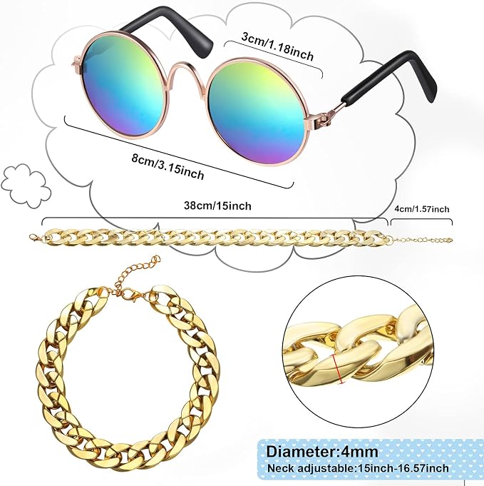 Weewooday 7 Pcs Dog Sunglasses Cats Sunglasses with 2 Gold Chain Retro Round Metal Glasses Funny Cute Cosplay Costume for Small Pet(Fresh Colors,Delicate Style)