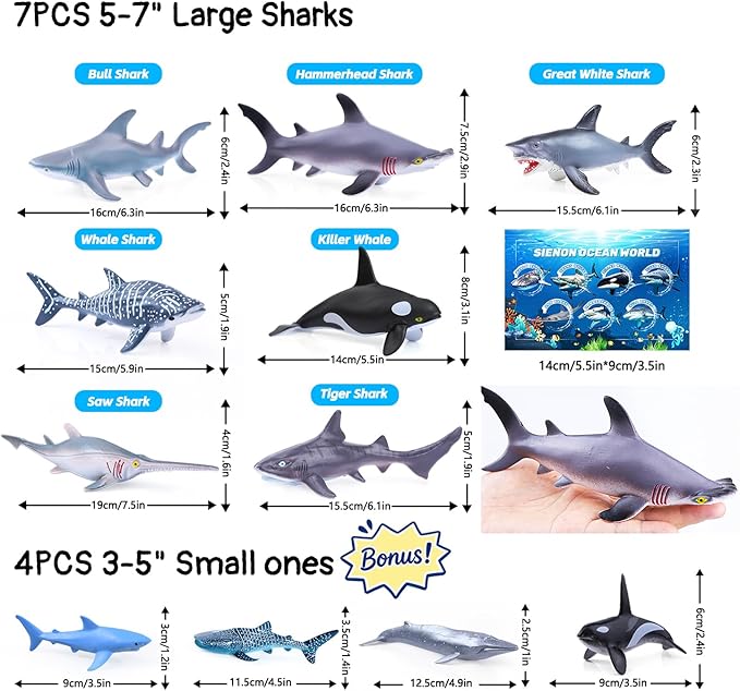 SIENON 11pcs Shark Figures with Booklet, Realistic Sea Creatures Bath Toys Whale Shark Ocean Animal Figurines for Kids Educational Birthday Party Favors Cake Toppers