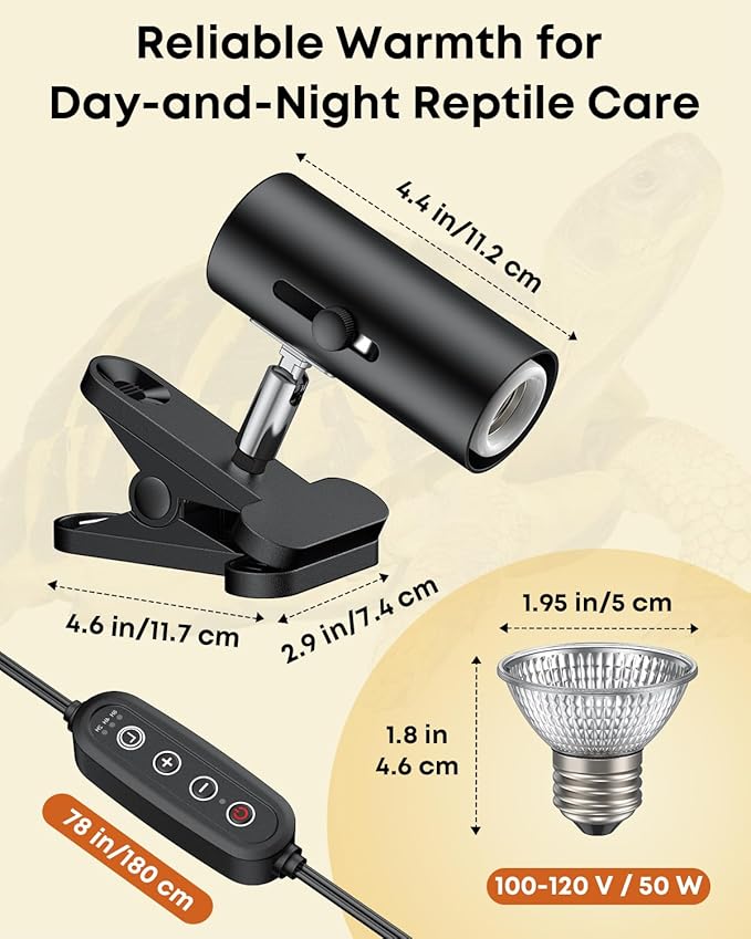 Pawfly Reptile Heat Lamp, Terrarium Basking Spot Lamp with 2 Pack 50 W UVA UVB Bulbs, Timer & Dimmer, Adjustable Heating Light for Amphibian, Bearded Dragon, Tortoise, Lizard & Chameleon