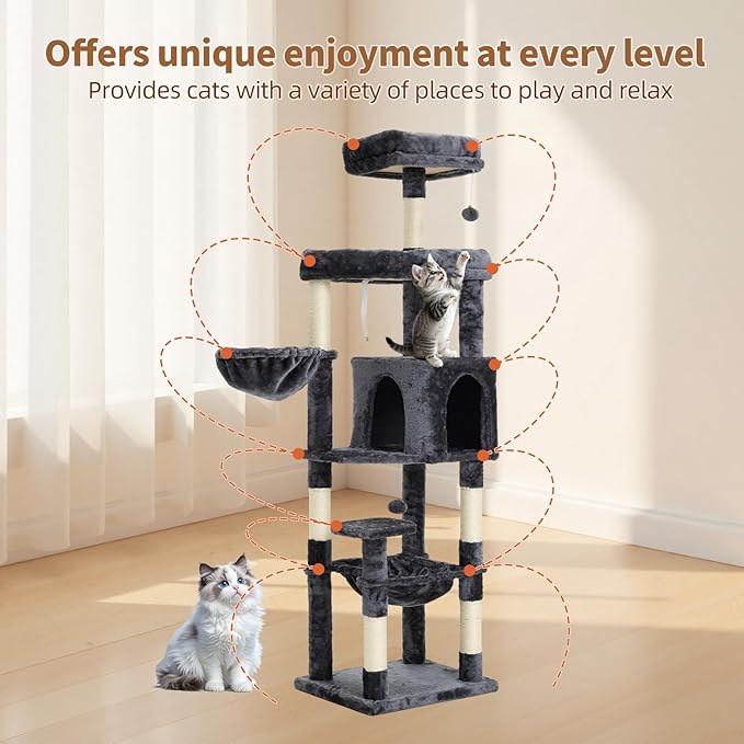 67-Inch Cat Tree with Bed, Hammock, Observation Deck, Plush Platform & Toy Ball for Indoor Cats (Grey)