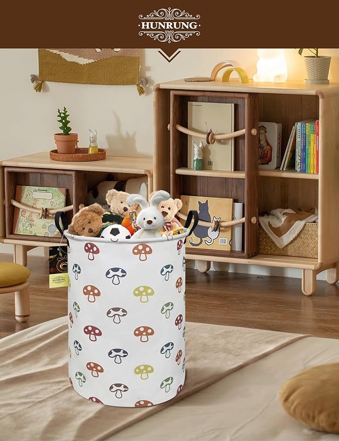 Collapsible Fabric Storage Basket, Waterproof Laundry Hamper with Handles, Round Storage Bin for Clothes Toys, Foldable Organizer for Bedroom Nursery Bathroom(Round-Color Mushroom)