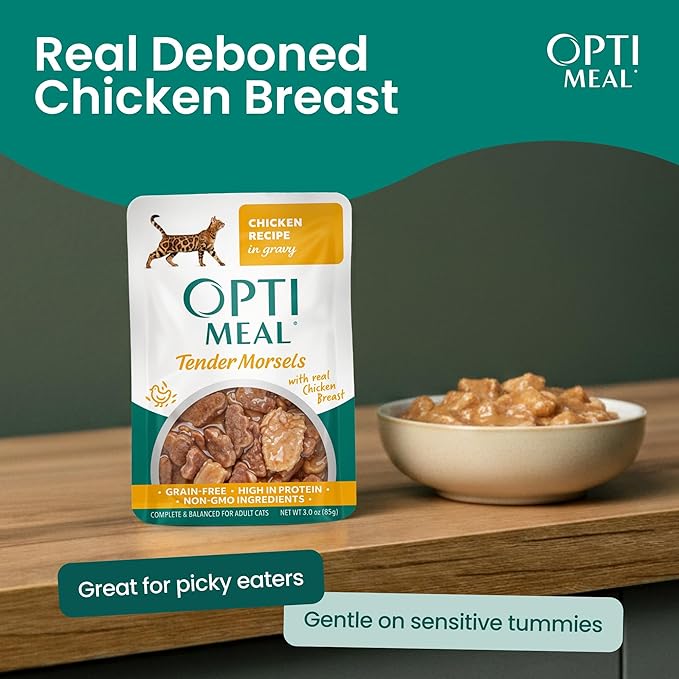 Optimeal Wet Cat Food Variety Pack - Savory Protein Selection, Grain Free Tender Morsels, High Protein Premium Nutrition Made with Natural European Ingredients, Cat Pouches 3oz (Chicken)