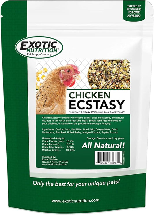 Exotic Nutrition Chicken Ecstasy (3 lb) - Healthy All-Natural Backyard Chicken Feed - Grains, Dried Mealworms & Natural Extracts - Promotes Healthy Chickens & Eggs