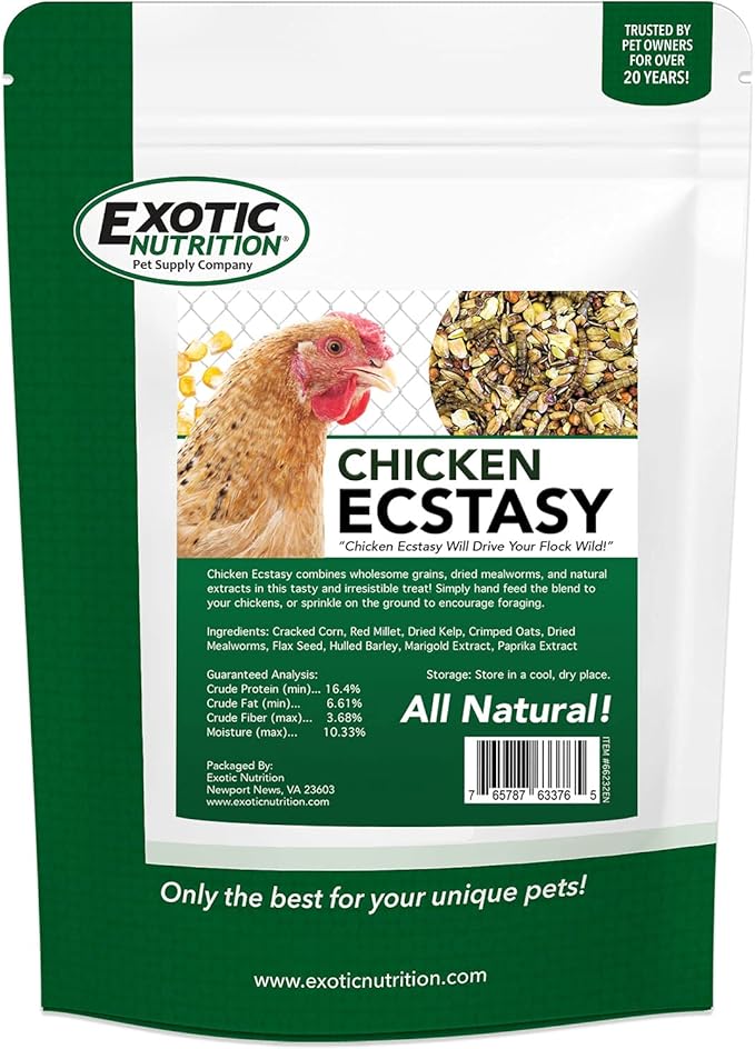 Exotic Nutrition Chicken Ecstasy (18 lb.) - Healthy All-Natural Backyard Chicken Feed - Grains, Dried Mealworms & Natural Extracts - Promotes Healthy Chickens & Eggs